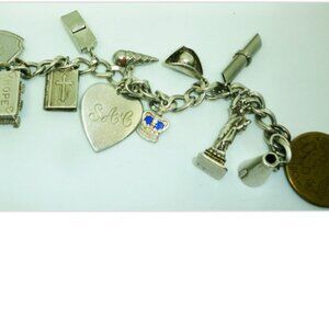 UNIQUE STERLING TRAVEL CHARMS BRACELET BIBLE CROWN HOPE CHEST WORLD FAIR EIFEL
